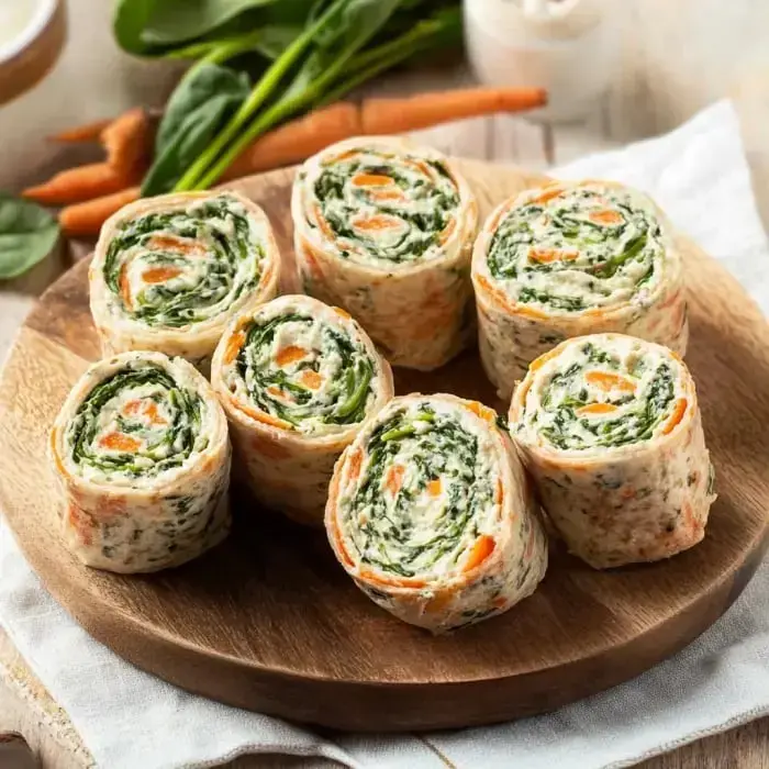 A wooden platter holds slices of rolled tortillas filled with spinach, cream cheese, and carrot, surrounded by fresh spinach and a carrot.