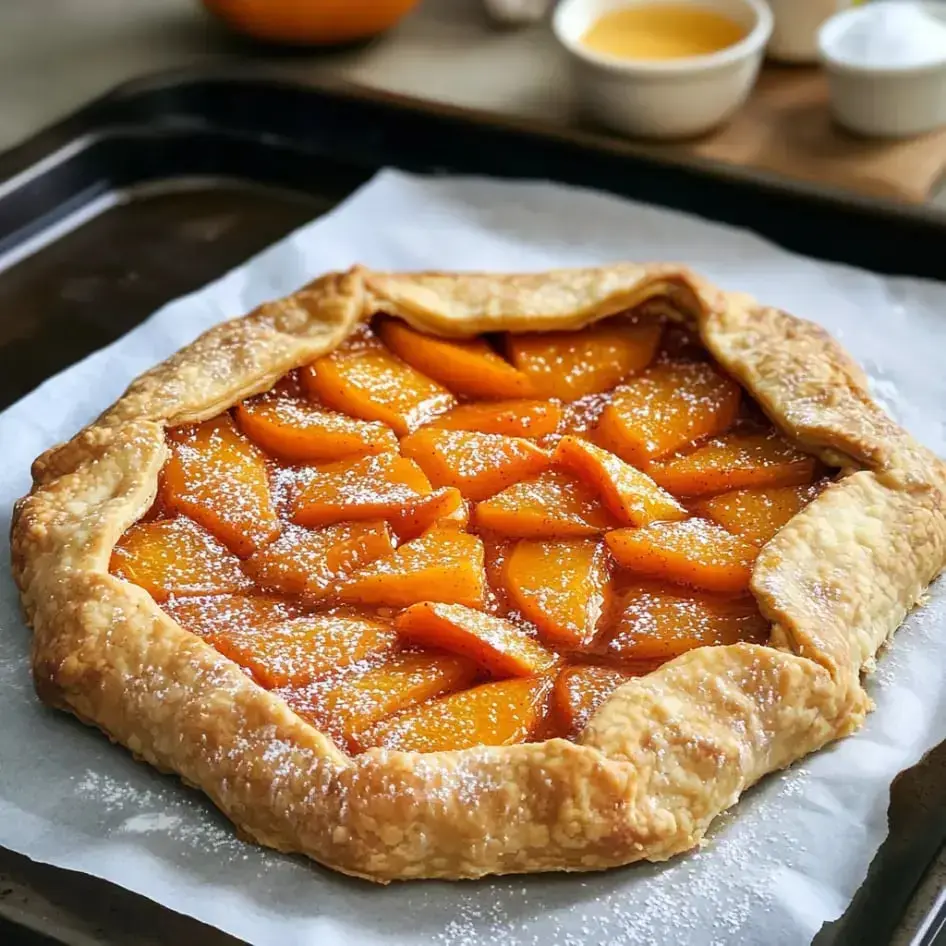 A freshly baked peach galette is displayed on a parchment-lined baking tray, topped with sliced peaches and dusted with powdered sugar.