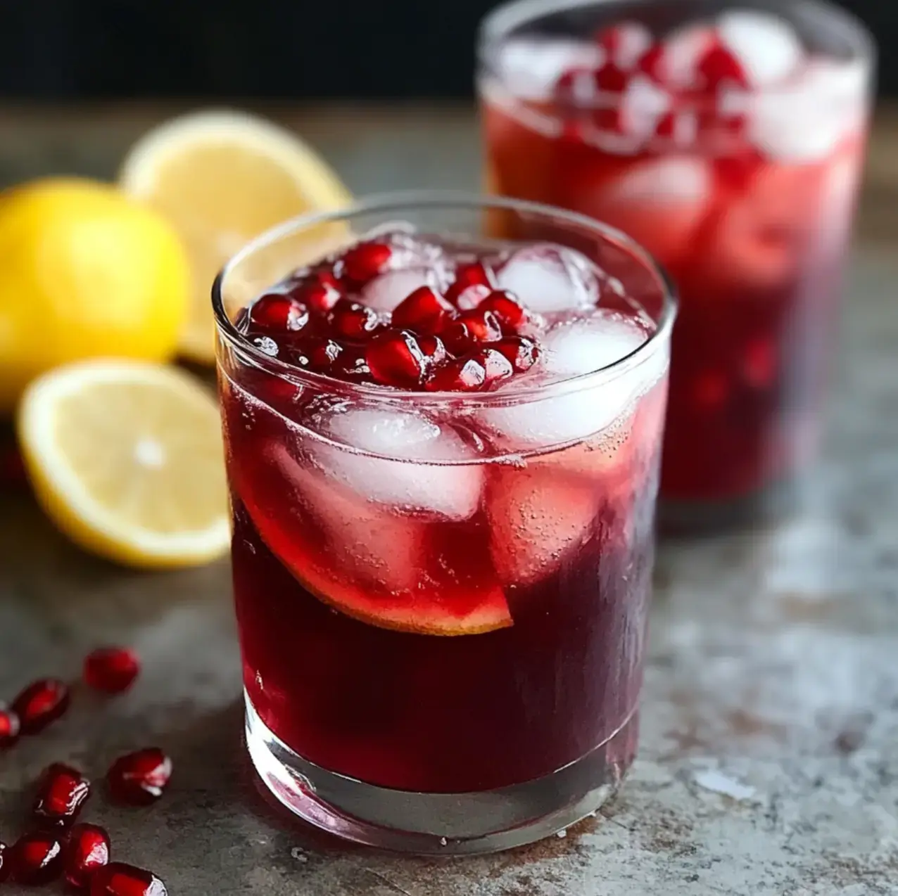 Two glasses of refreshing pomegranate lemonade with ice and garnished with pomegranate seeds, accompanied by lemon halves in the background.