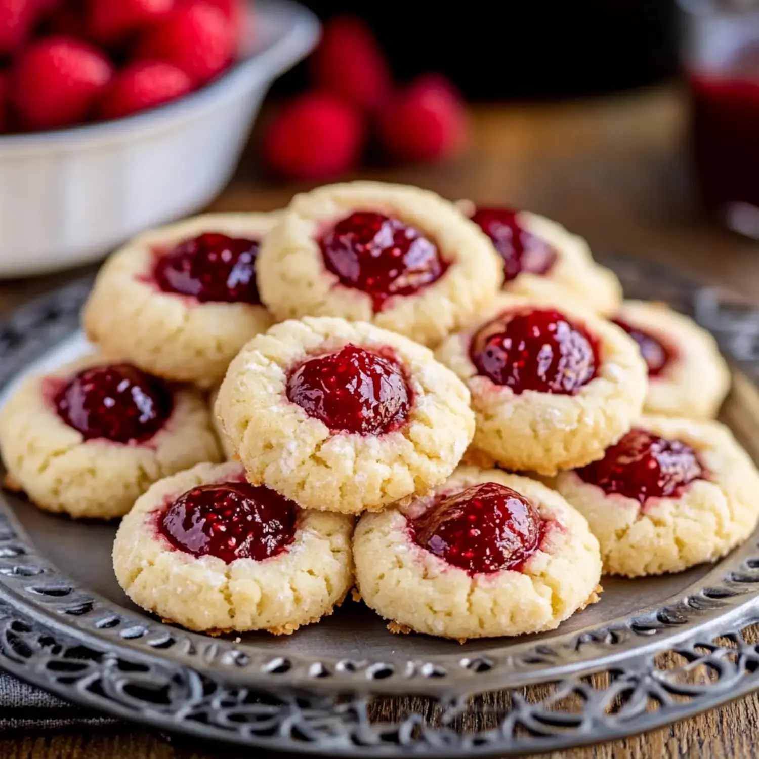 A plate filled with soft buttery cookies topped with vibrant red raspberry jam. Fresh raspberries and a jam jar sit in the background on a rustic table.