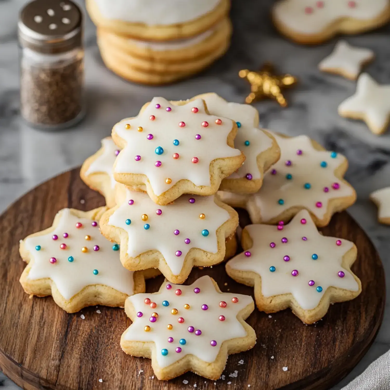 Star-shaped cookies with colorful icing and sprinkles on a wooden plate, set on a marble counter.