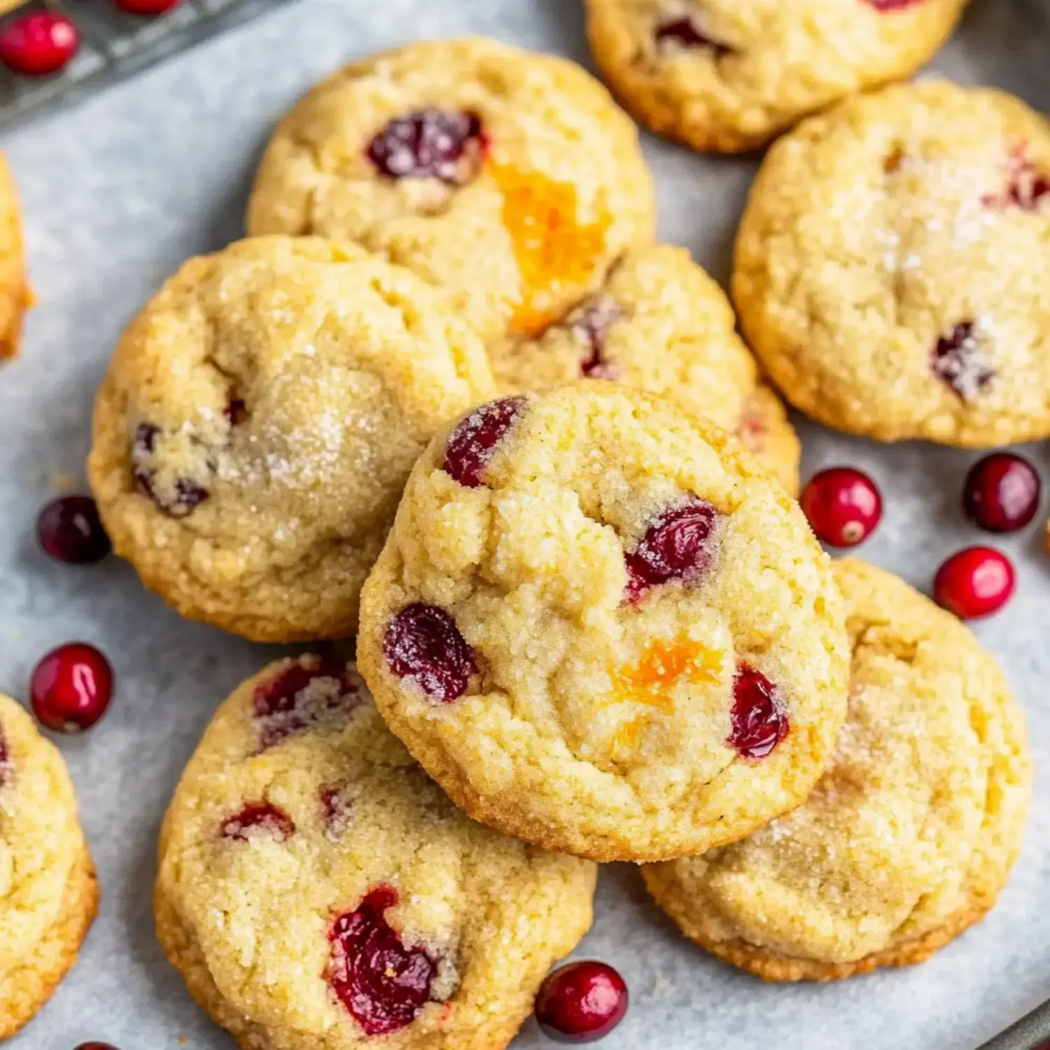 Soft cookies with cranberries and orange zest on a light backdrop, surrounded by fresh cranberries.