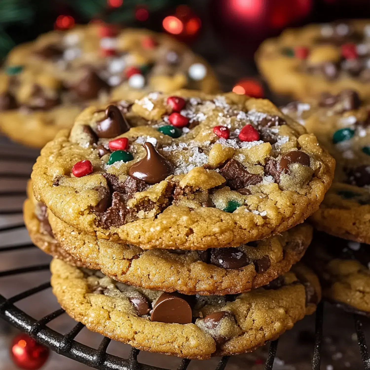 A pile of holiday-themed cookies with chocolate chips, red and green sprinkles, and flaky salt sitting on a wire rack.