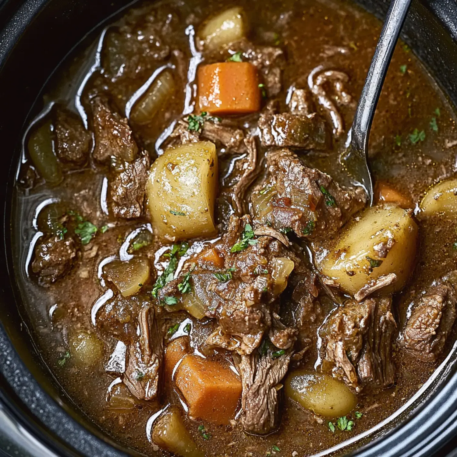 A hearty bowl of beef stew with big chunks of beef, colorful veggies, and a tasty broth.