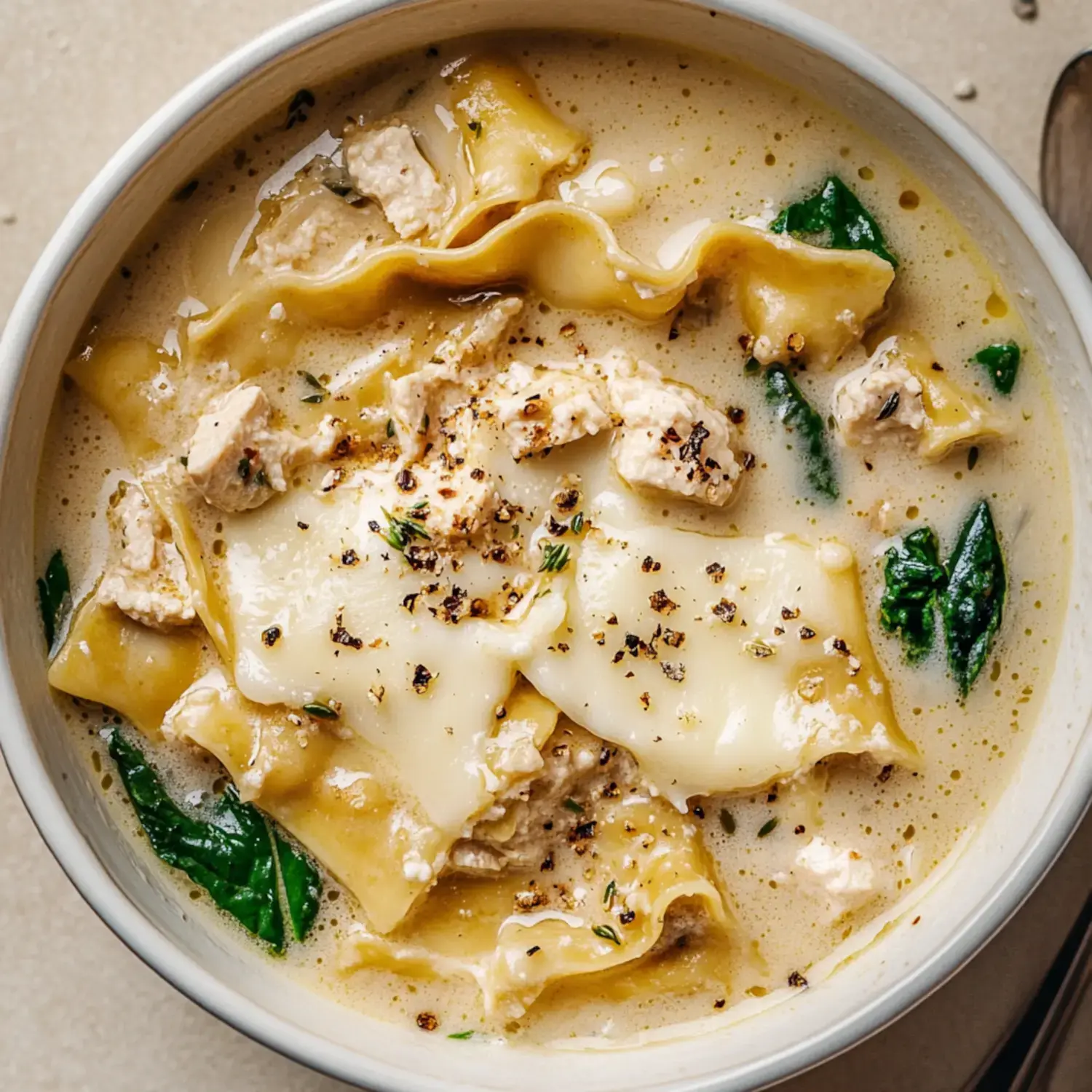 A comforting bowl of lasagna-inspired soup featuring creamy chicken, spinach, and short pasta, dusted with fresh black pepper.