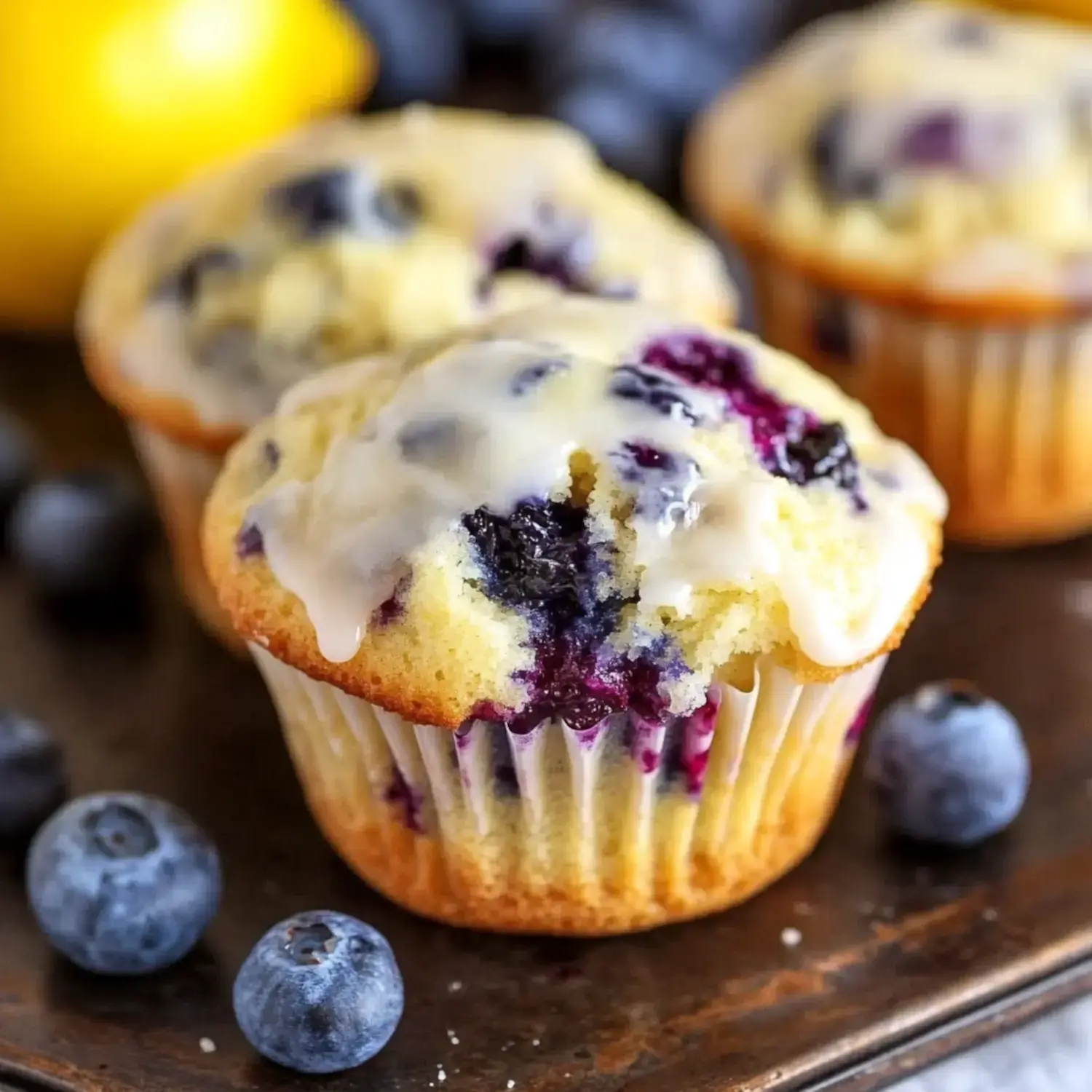 Fresh blueberry muffins drizzled with glaze, flanked by blueberries and a lemon in the back.