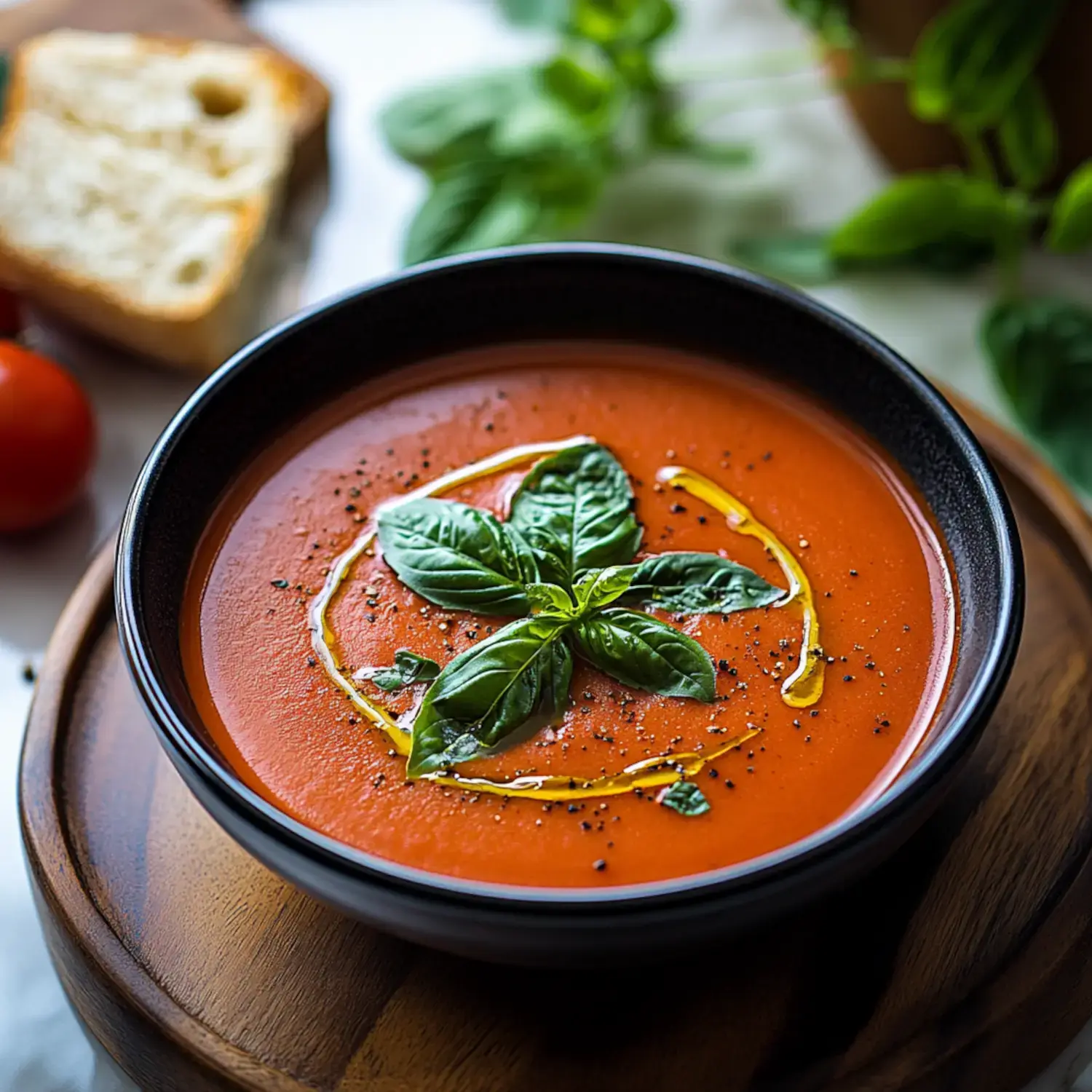 A steaming bowl of tomato soup topped with fresh basil and olive oil. Sliced bread and cherry tomatoes complete the side.