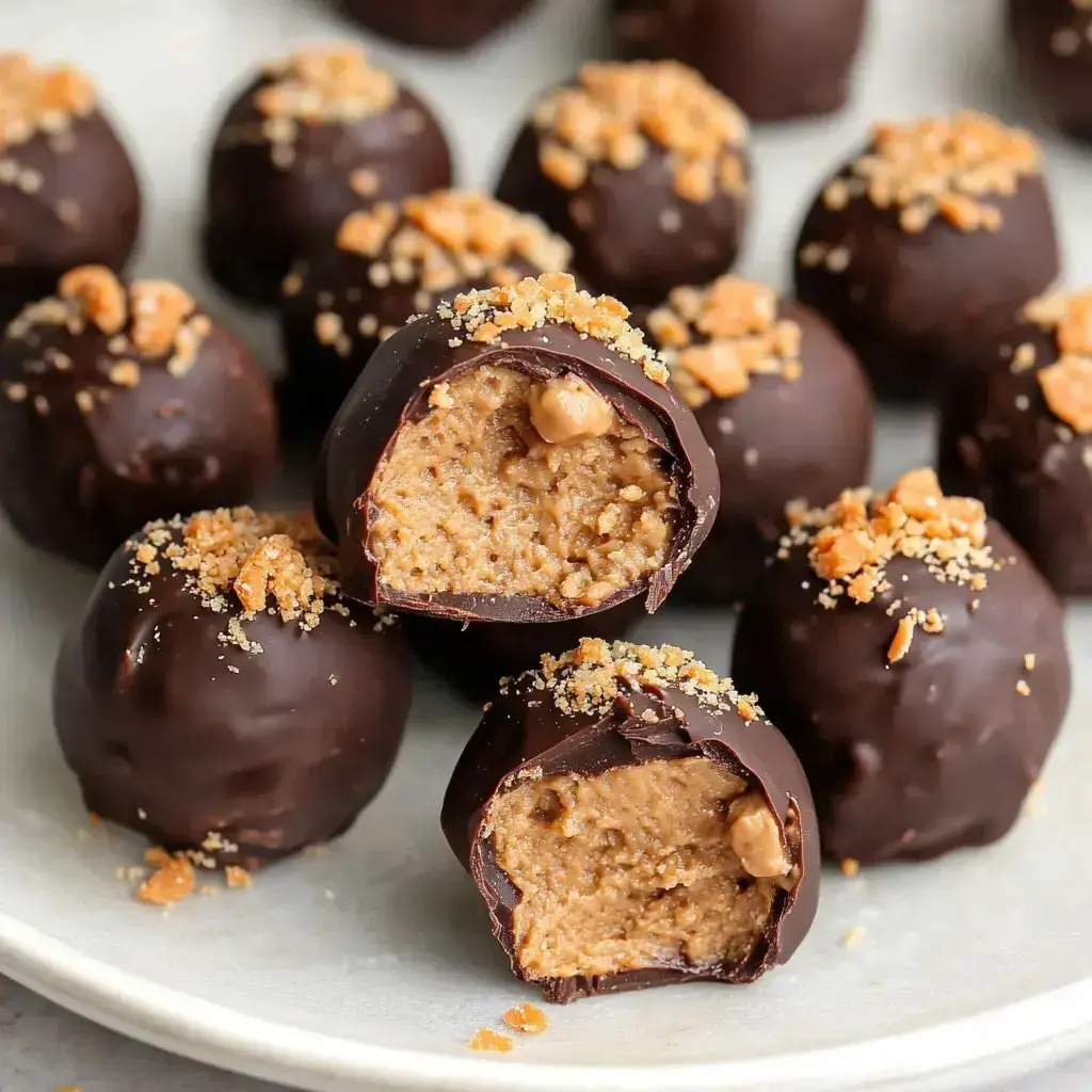 A plate of chocolate-dipped candy truffles, with some split open to show a creamy center and topped with crushed candy bits.