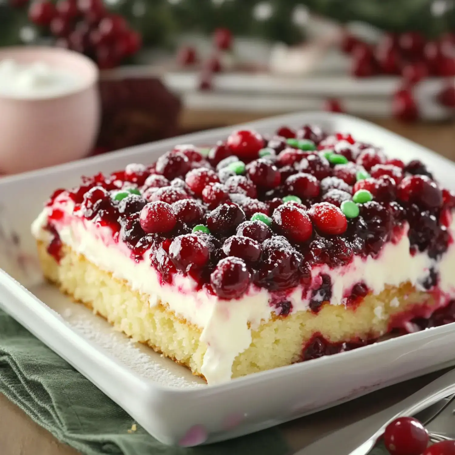 A dessert layered with cream, cranberries, and holiday sprinkles on top of a light fluffy cake.