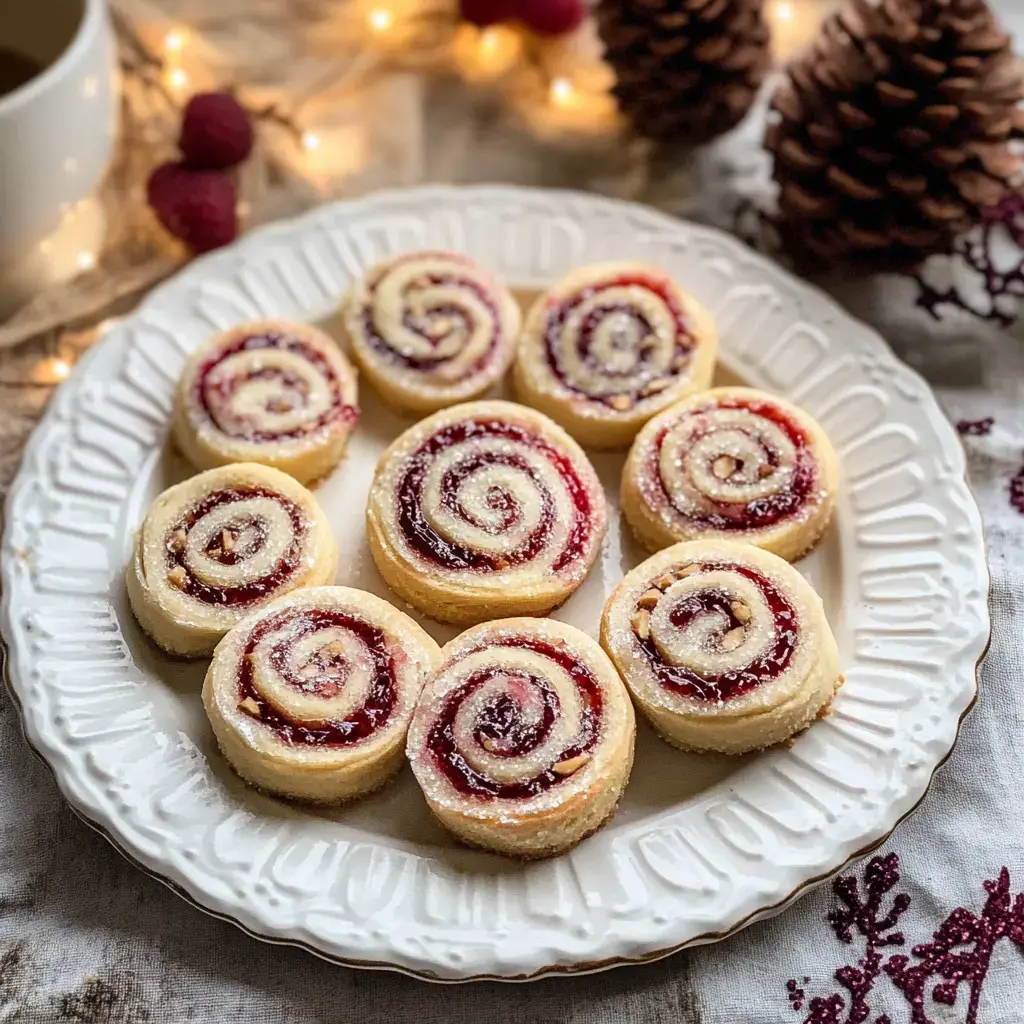 Raspberry swirl cookies shining with sugar on a white plate, surrounded by cozy decor like pinecones and warm lights.