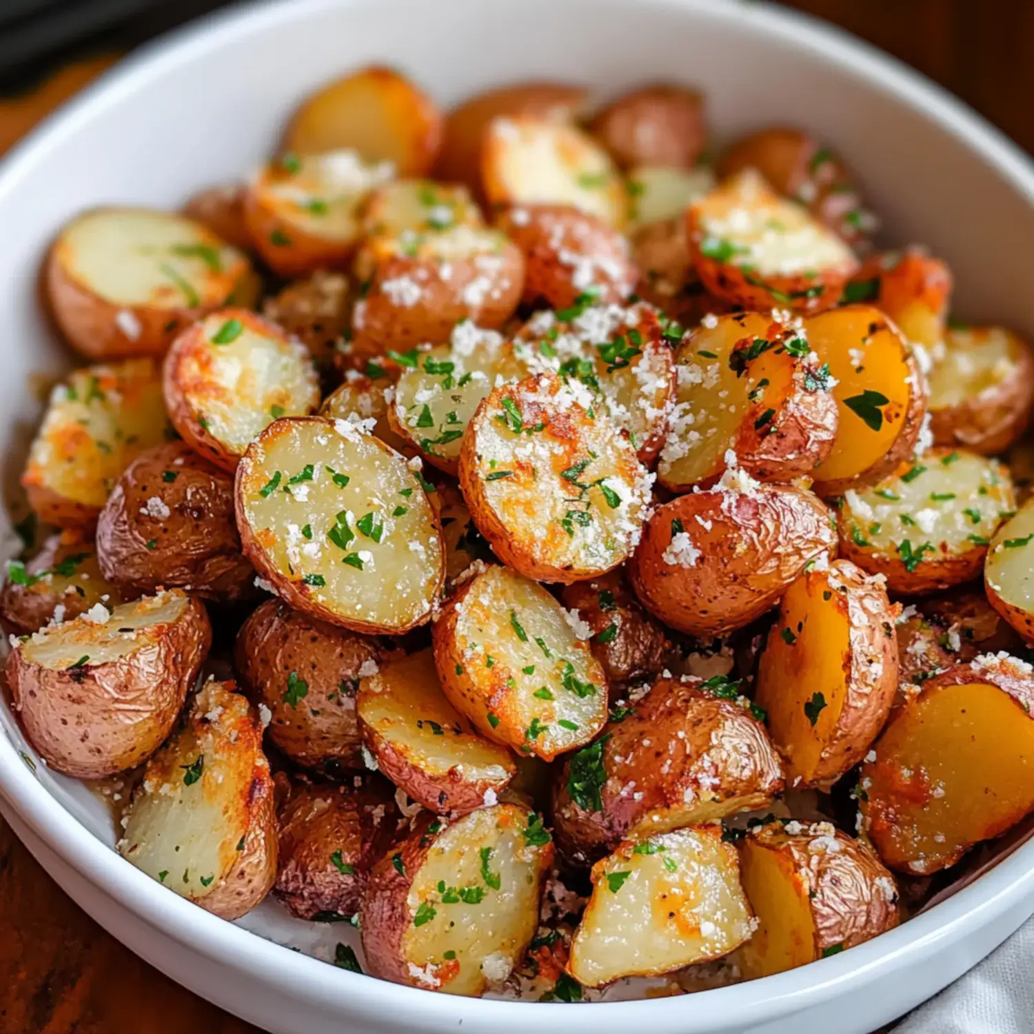 A dish of tender baby potatoes covered in melted cheese and fresh herbs.