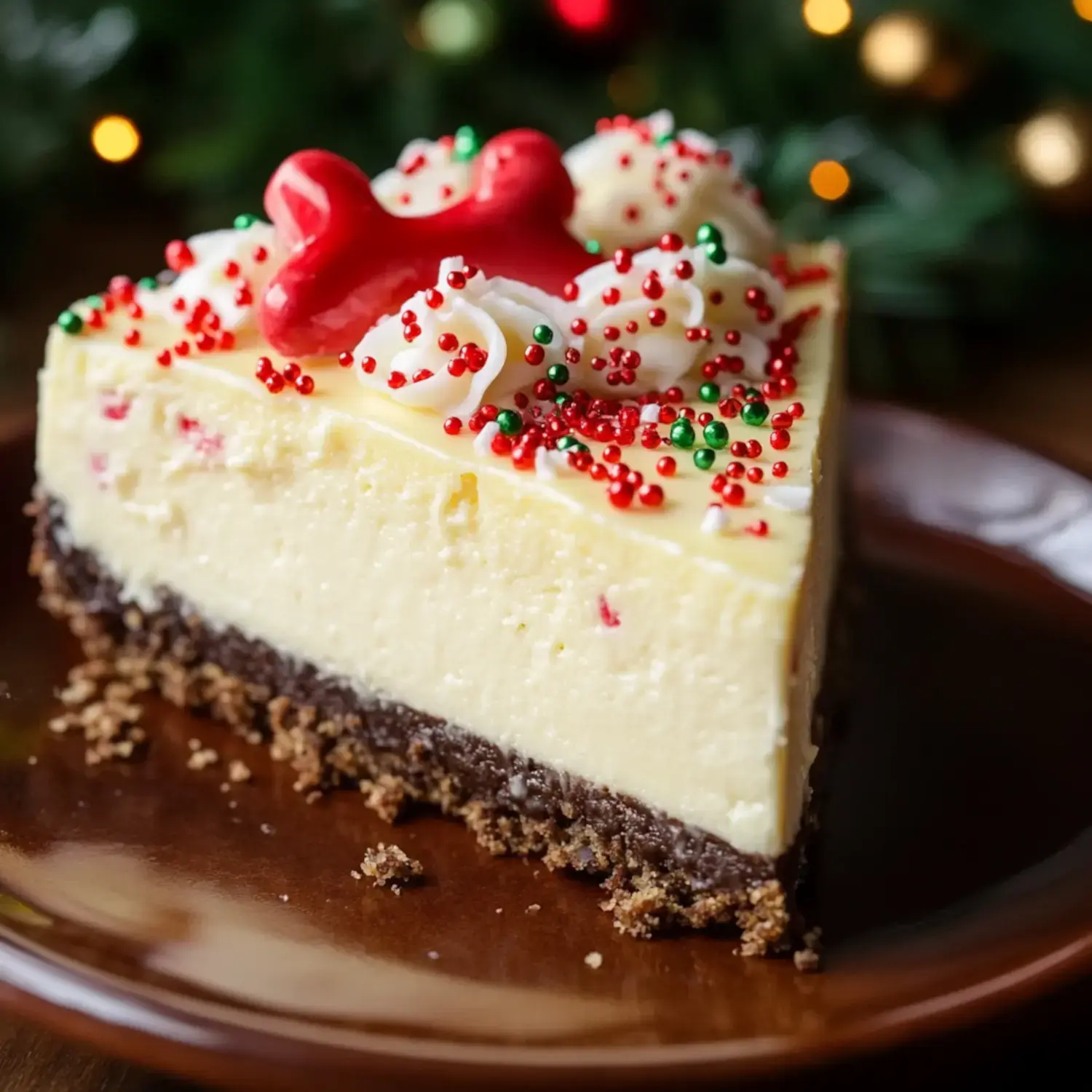 A slice of creamy cheesecake with a buttery sugar cookie base, scattered with red and green sprinkles and a red garnish on top, sitting on a simple brown plate.
