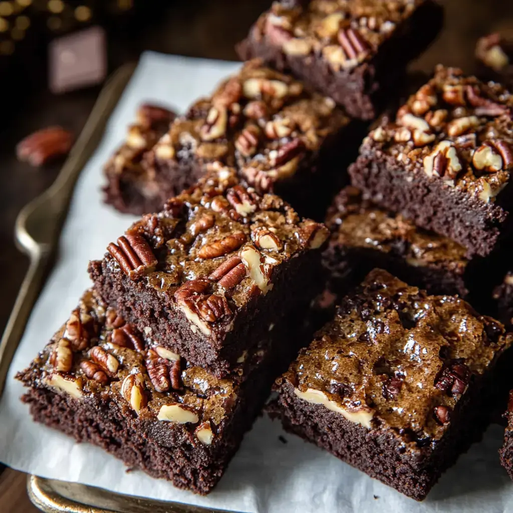 Close-up of fudgy brownies topped with chopped pecans on a tray with parchment paper.