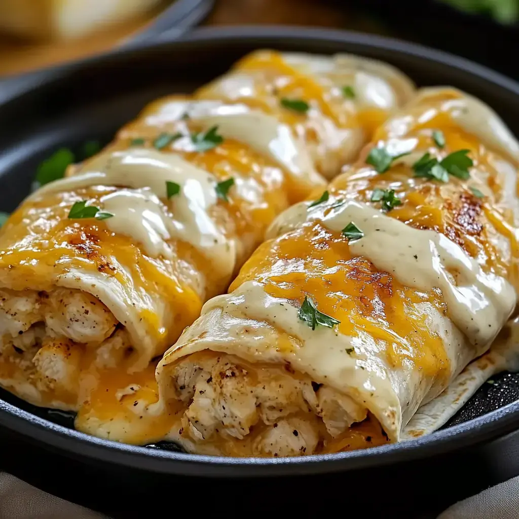 Two cheesy chicken wraps on a plate topped with sour cream and fresh herbs.