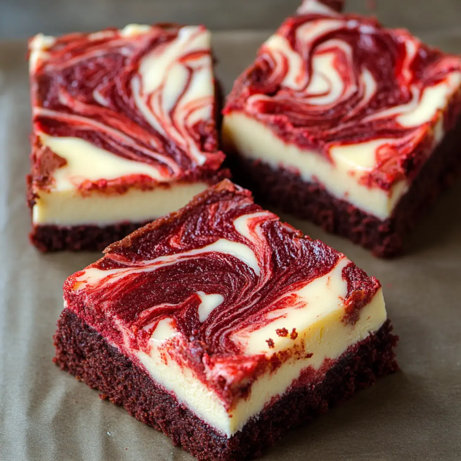 Three decadent red velvet bars with cheesecake swirls sit on a flat surface, showing off their vibrant red and creamy white layers.