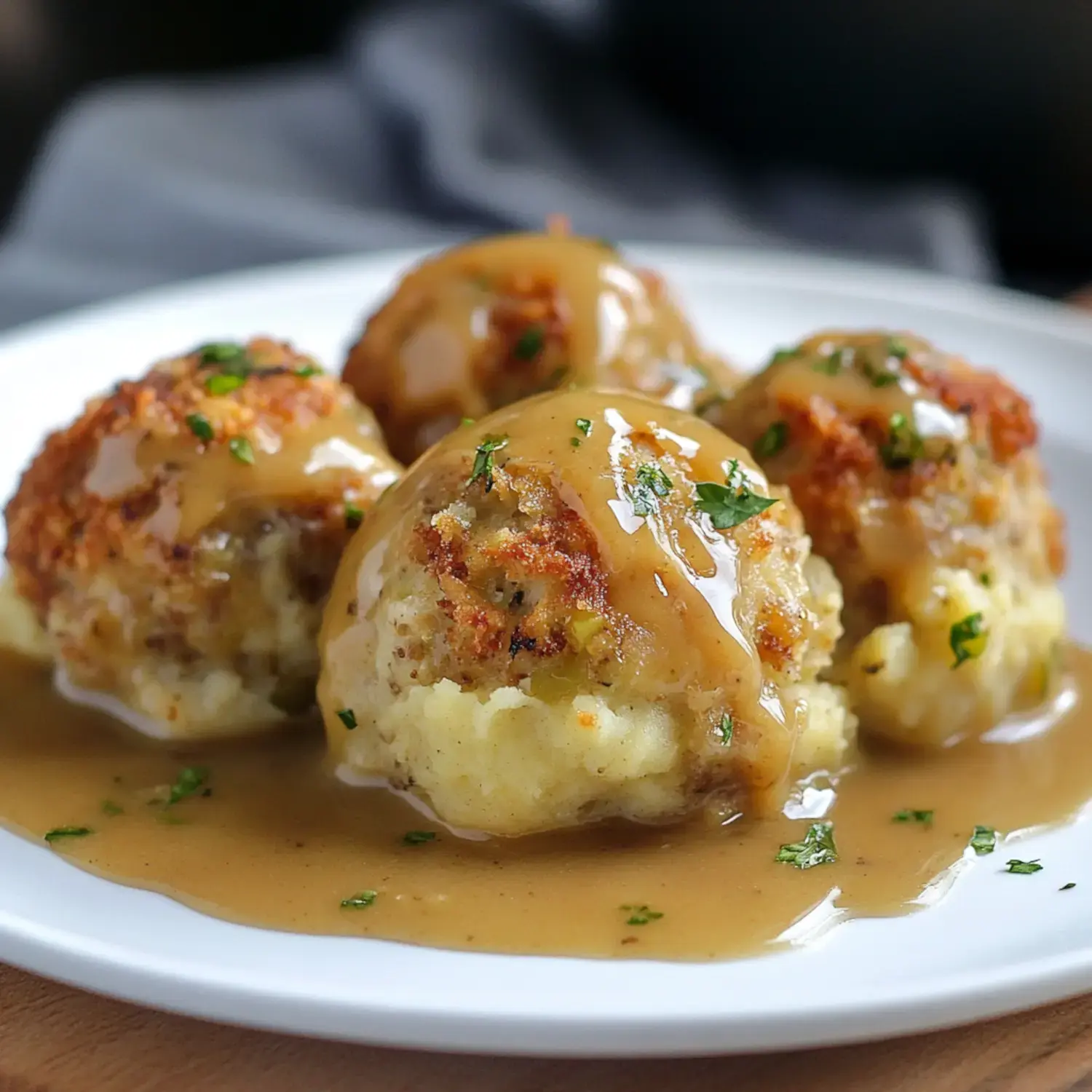 Golden stuffing and turkey balls served on mashed potatoes with a drizzle of gravy and parsley garnish.