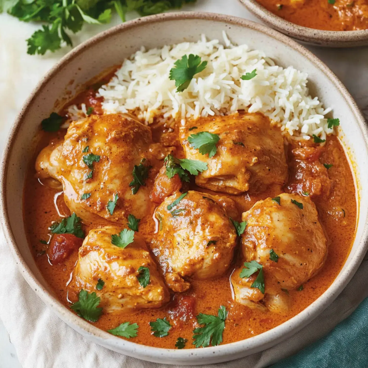 A plate of tender chicken in a spiced creamy sauce with rice beside it, topped off with cilantro.