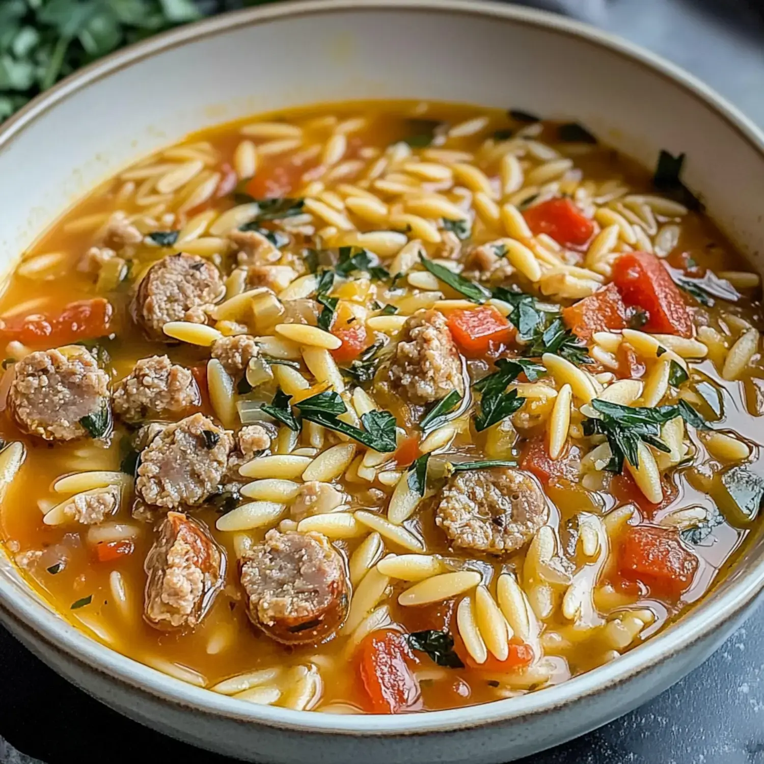 A large bowl of creamy soup made with orzo, sausage, tomatoes, and herbs.