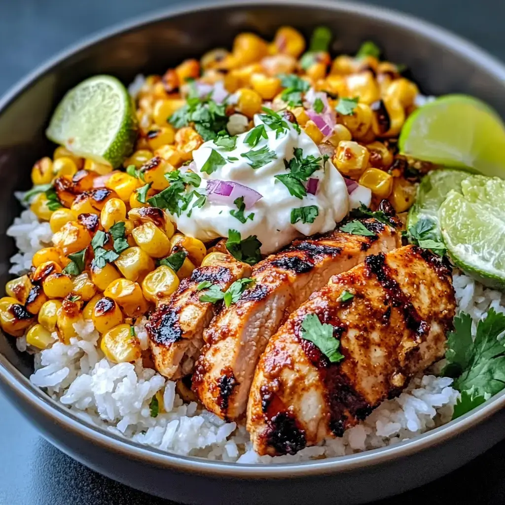 A meal bowl featuring fluffy white rice, grilled chicken slices, charred corn kernels, a dollop of sour cream, cilantro sprigs, and lime wedges.