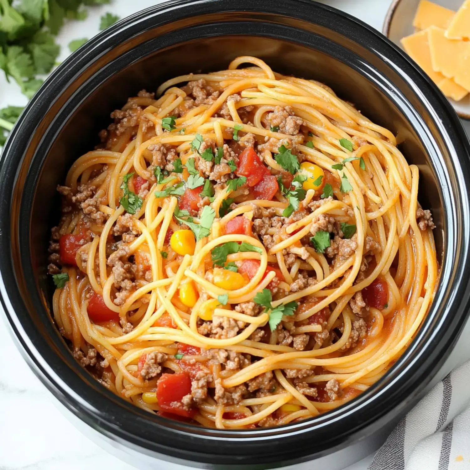 Close-up showing a bowl of spaghetti mixed with taco beef, diced tomatoes, sweet corn, and fresh parsley.