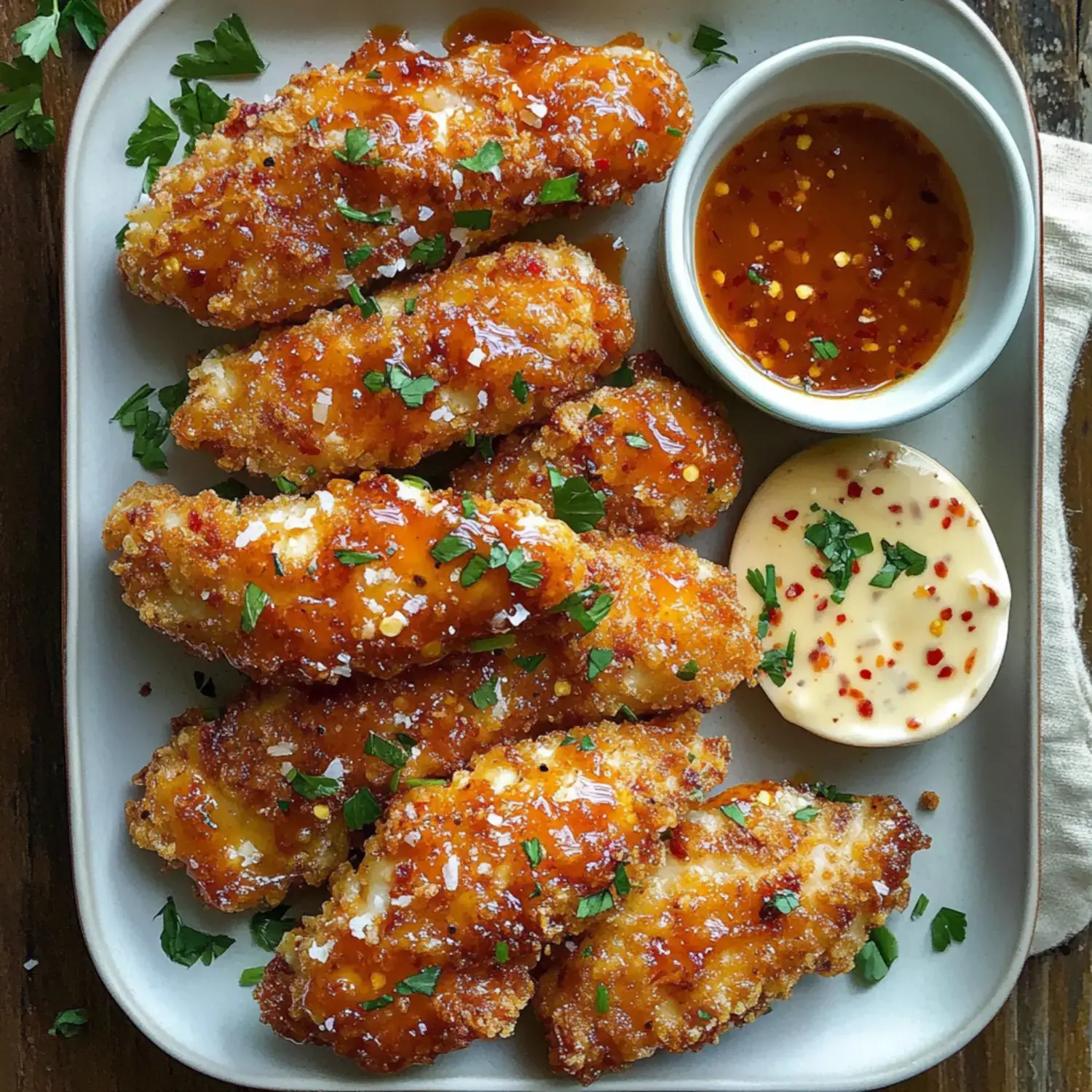 A serving plate with crispy fried chicken strips, drizzled in sauce and sprinkled with parsley, next to dipping sauces.