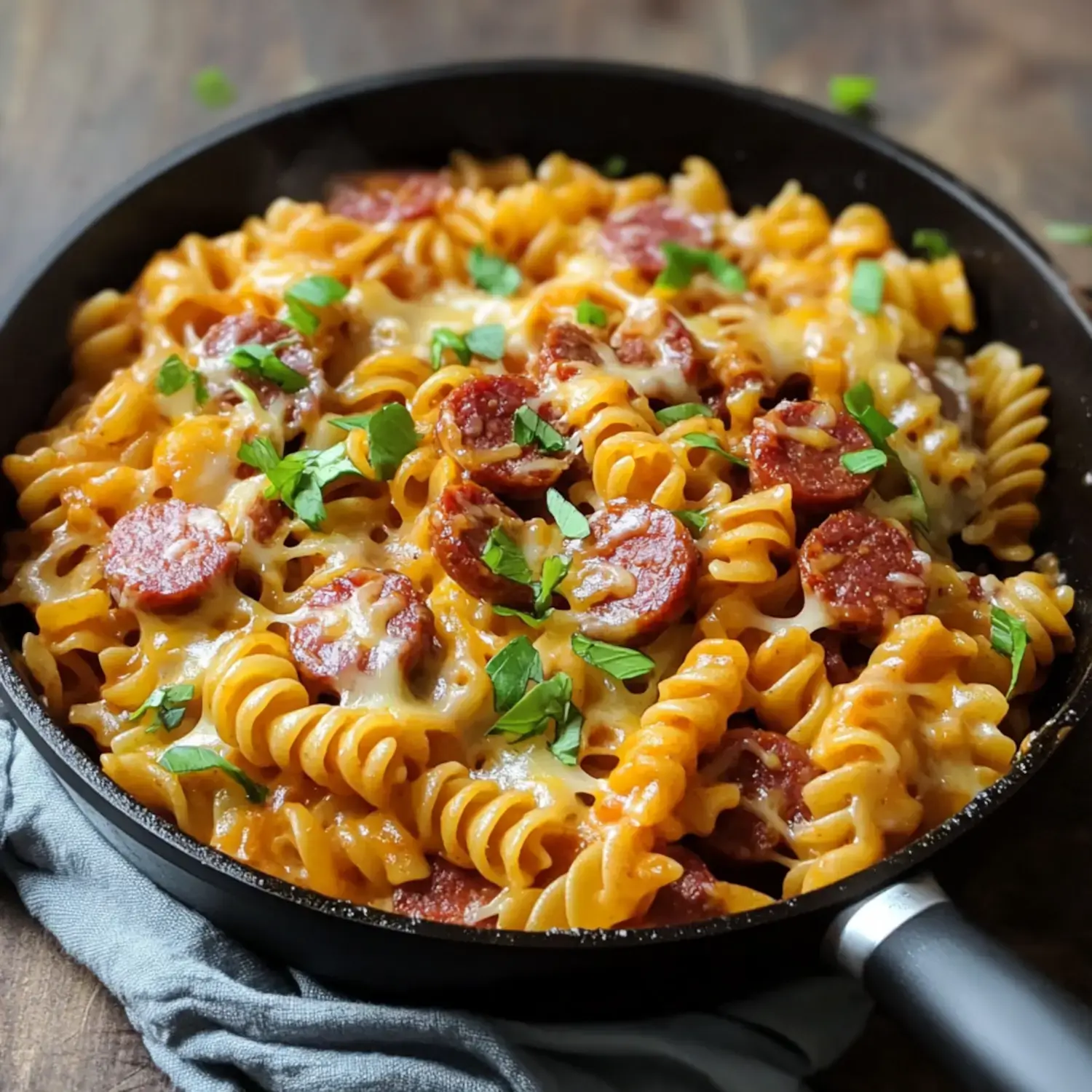 A pan filled with cheesy spiral pasta, sausage slices, and fresh herb toppings.