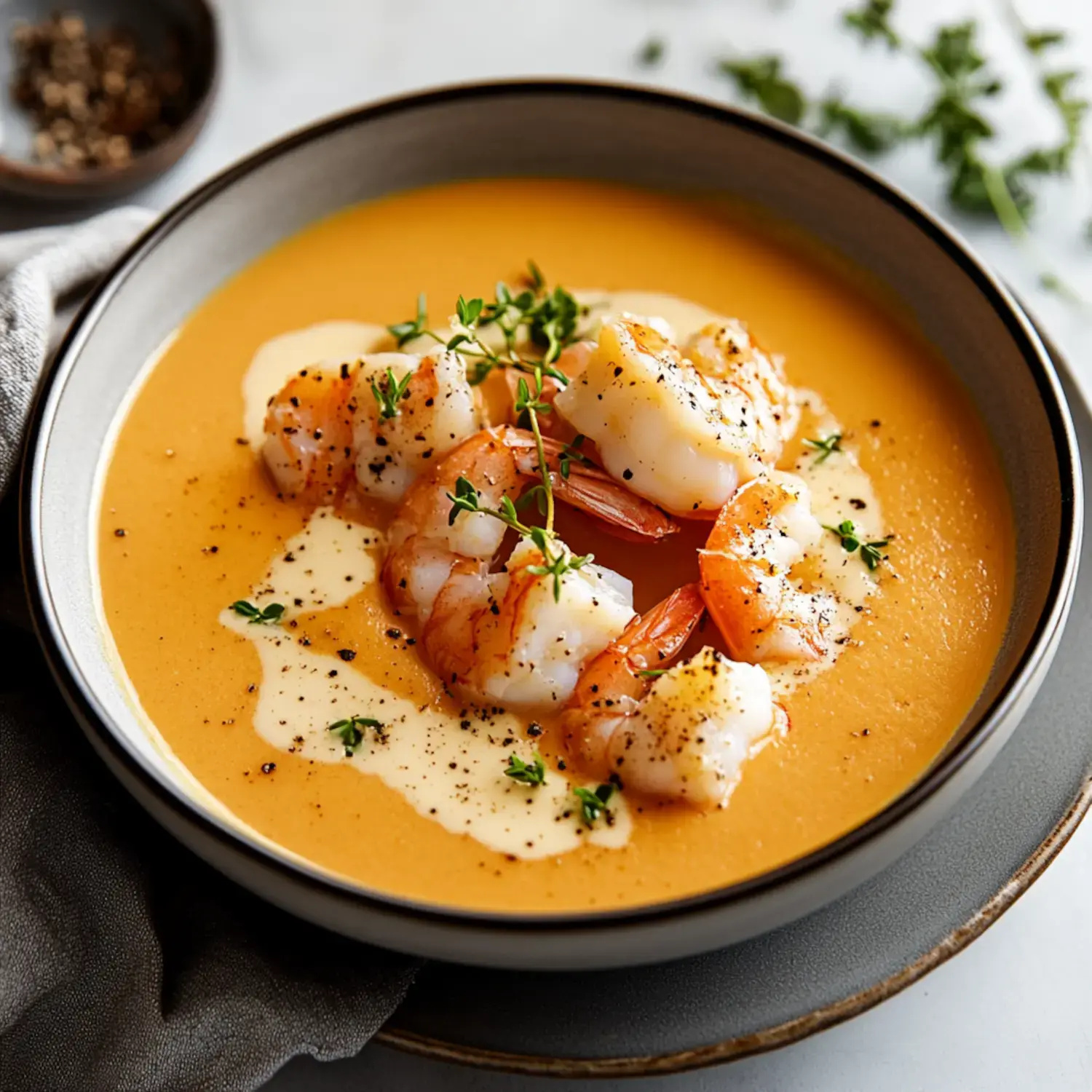 A creamy seafood soup garnished with shrimp, thyme sprigs, and a drizzle of cream.
