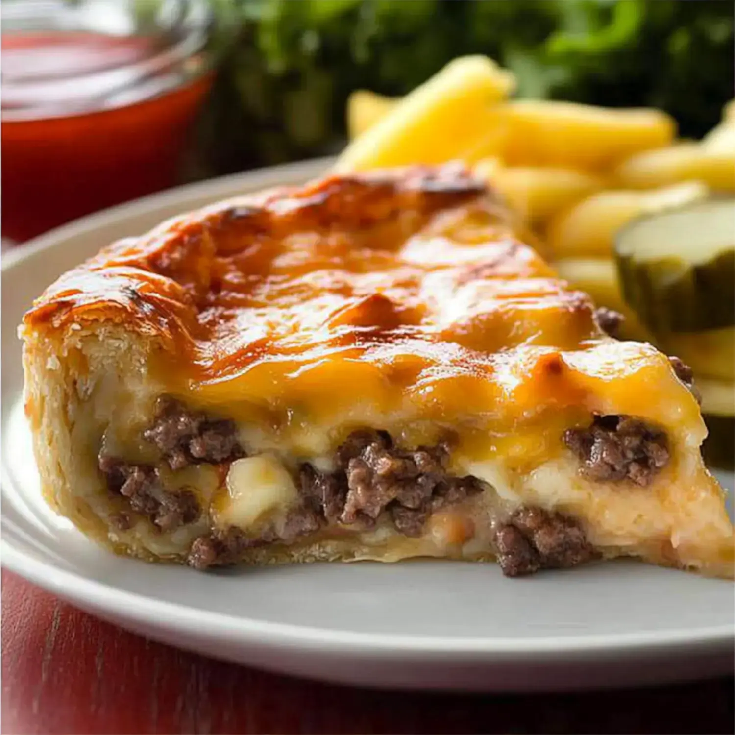 A baked savory slice with beef, cheese, and a flaky crust, served with pickles and fries.