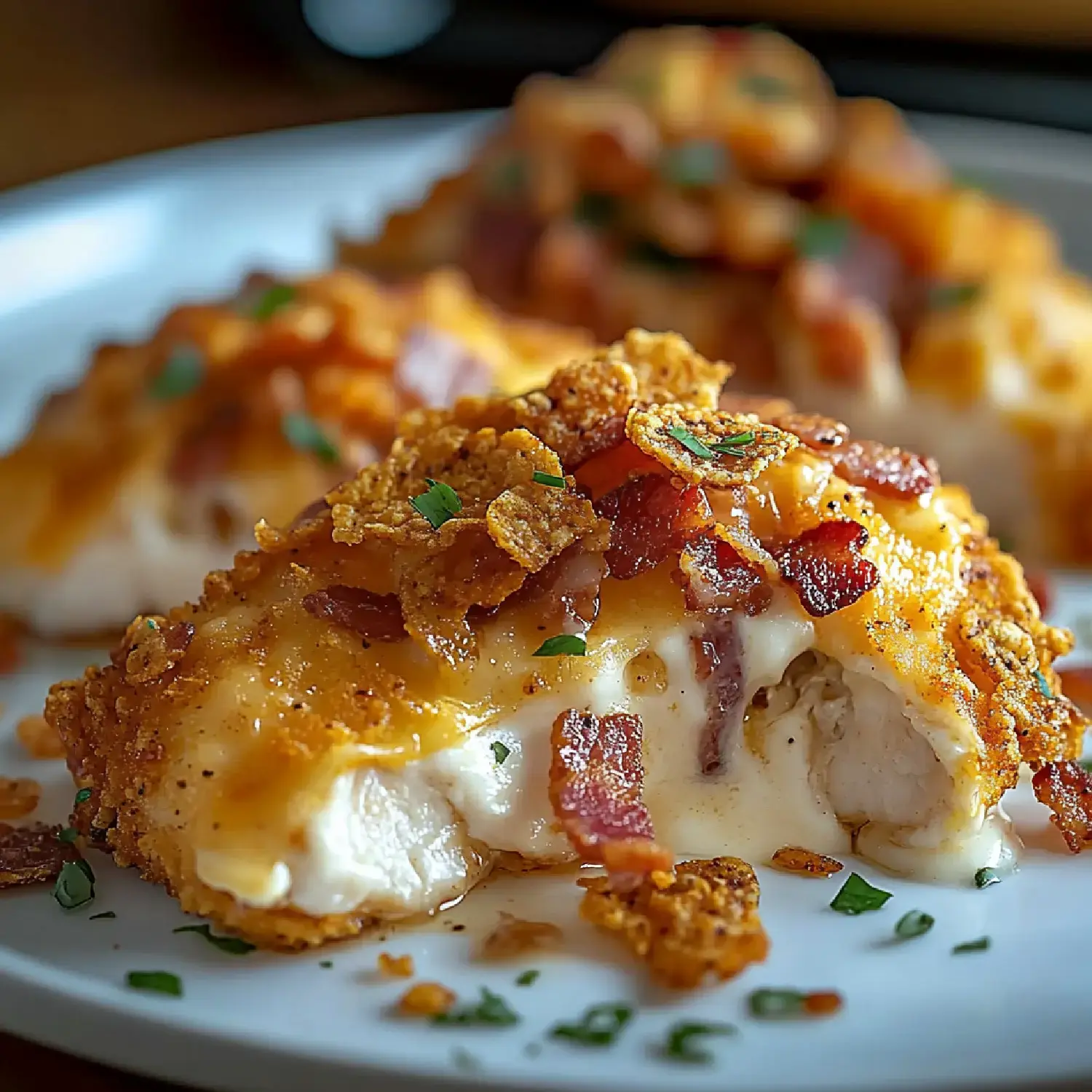 A close-up shot of fried chicken topped with bacon bits, cheese, and crunchy cereal pieces, decorated with green garnishes.