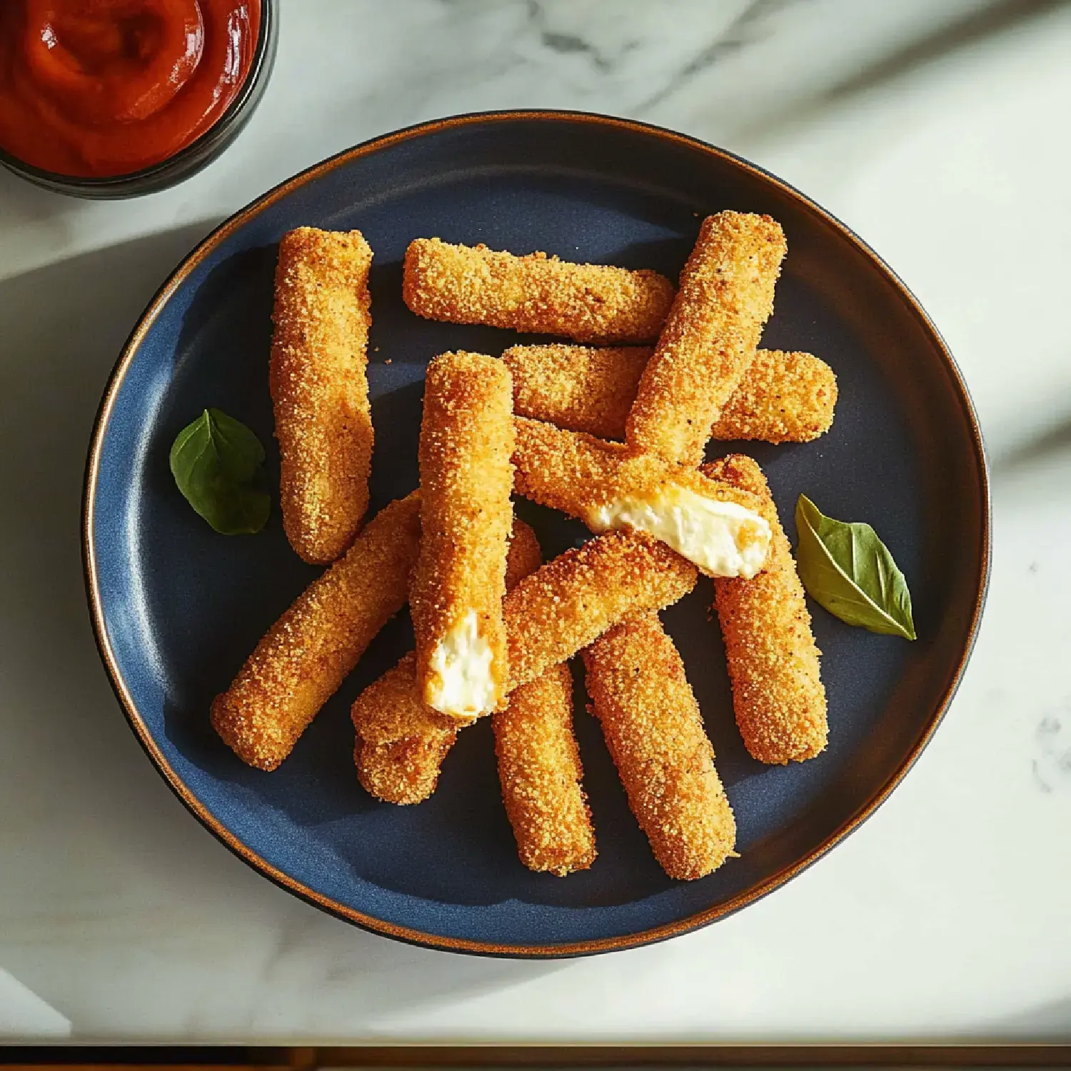 Golden-brown cheese sticks with a side of ketchup and fresh basil garnish on a plate.