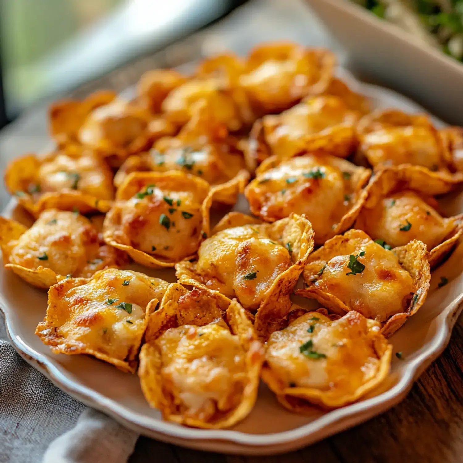 A tray filled with baked golden pastries stuffed with melted filling, garnished with herbs.