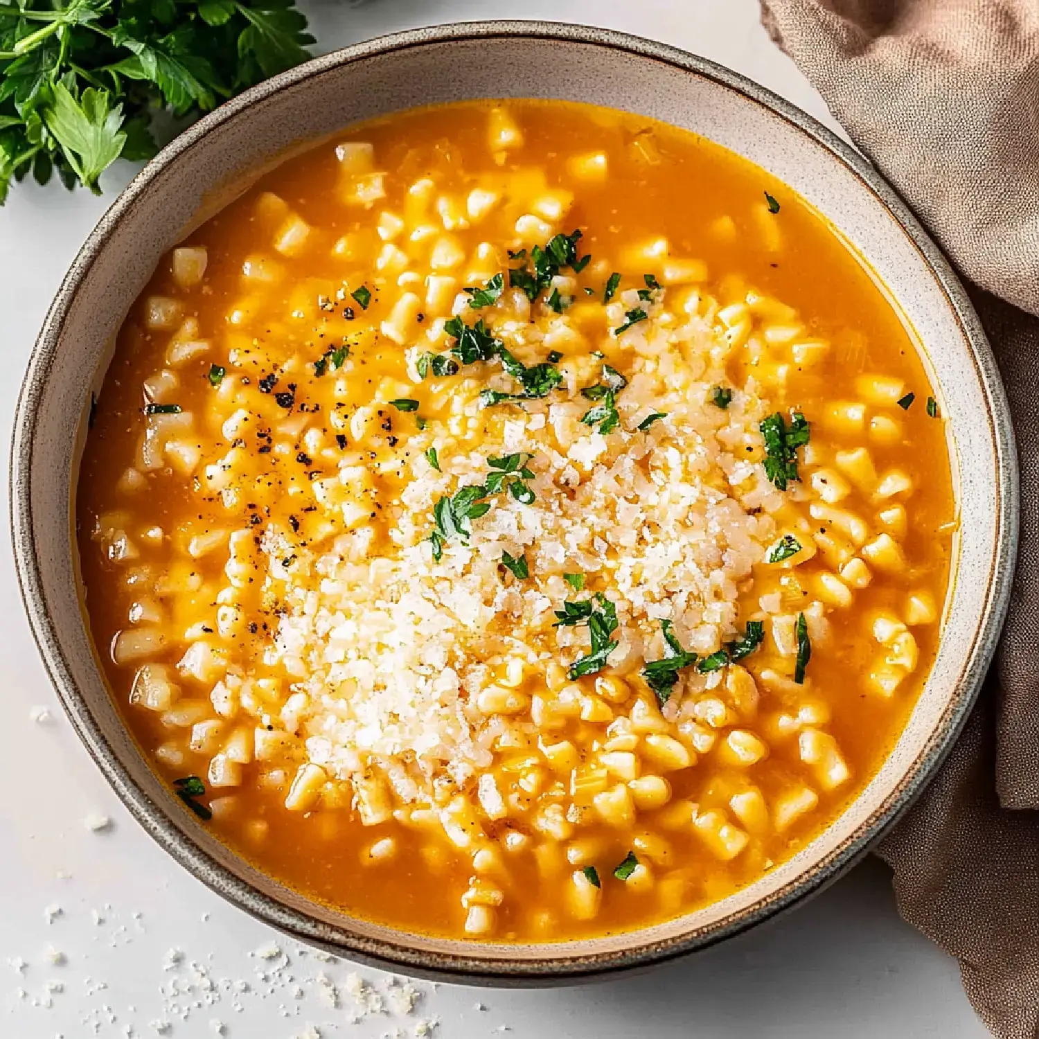A creamy soup bowl topped with shredded cheese, fresh parsley, and bits of corn.
