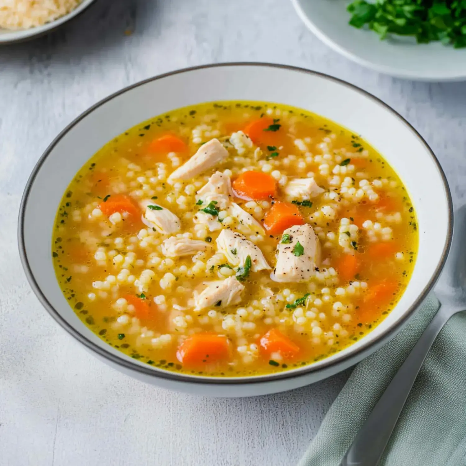A warm bowl of chicken soup with rich broth, diced veggies, and tiny pasta, topped with herbs beside a spoon and napkin.