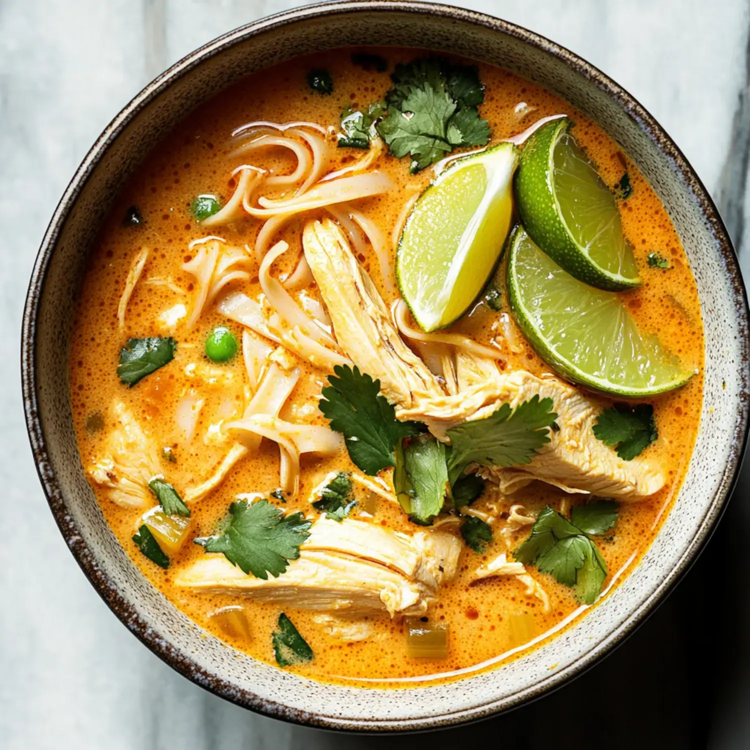 A bowl filled with creamy chicken soup, noodles, fresh lime, and cilantro in a spicy coconut broth.