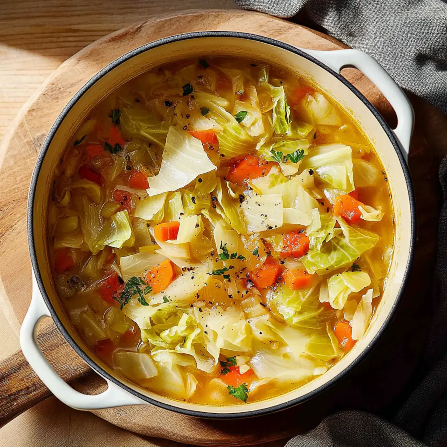 A steaming pot of mixed vegetable soup with fresh cabbage and herbs on a wooden tabletop.