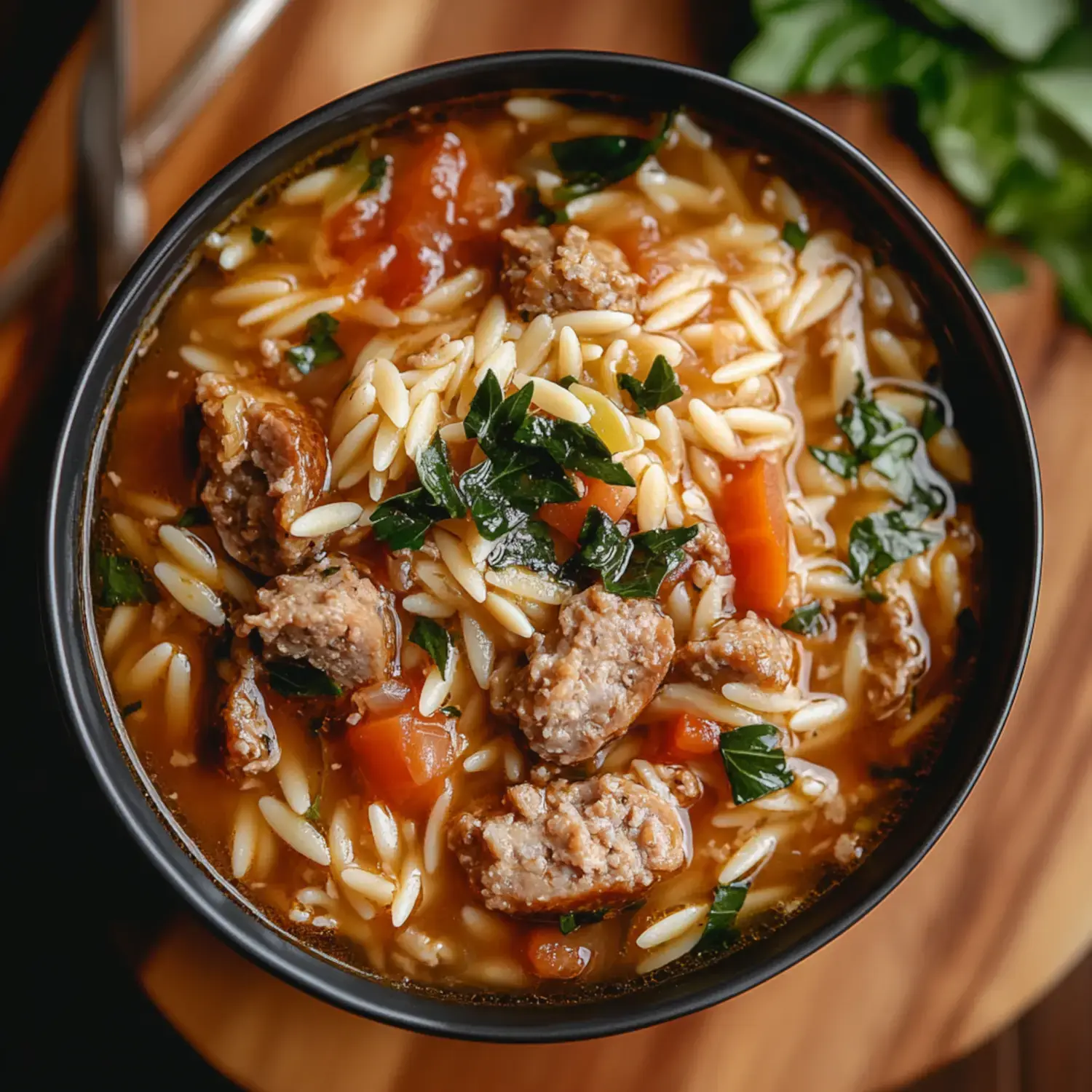 Close-up of a black bowl filled with sausage, orzo, tomatoes, and leafy greens in broth.