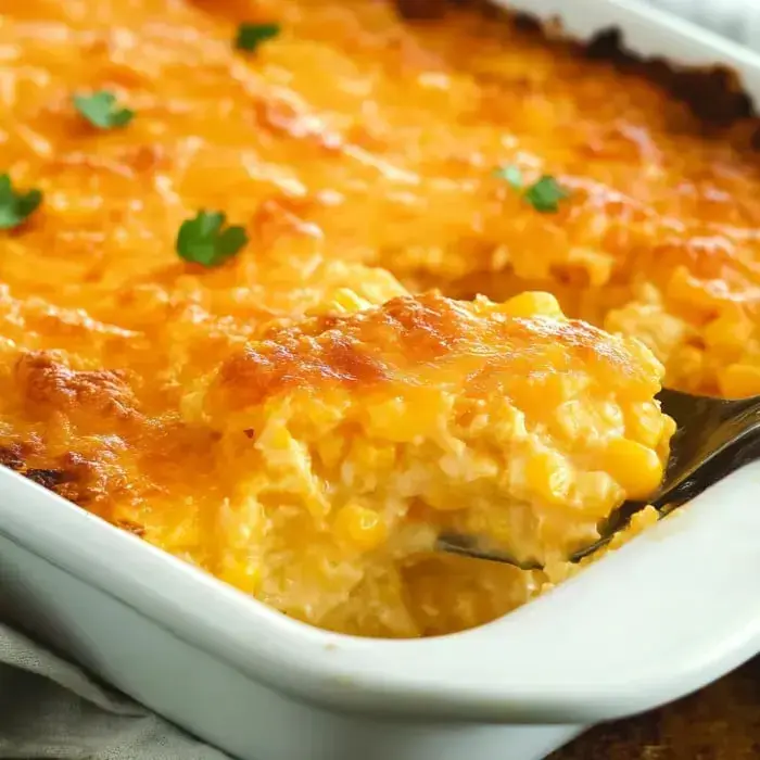 A creamy corn casserole with a golden-brown top and garnished with fresh parsley.