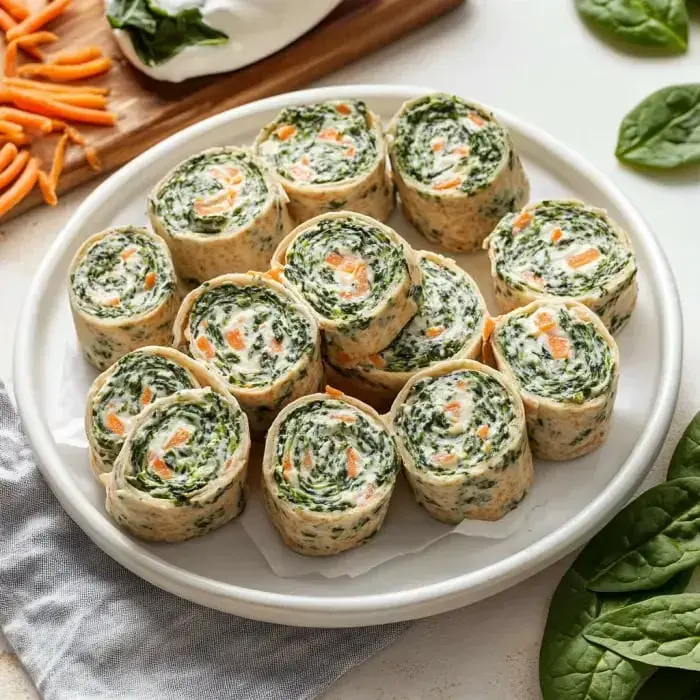 A plate of neatly arranged spinach and cream cheese pinwheels, filled with carrots, next to a knife and fresh vegetables.