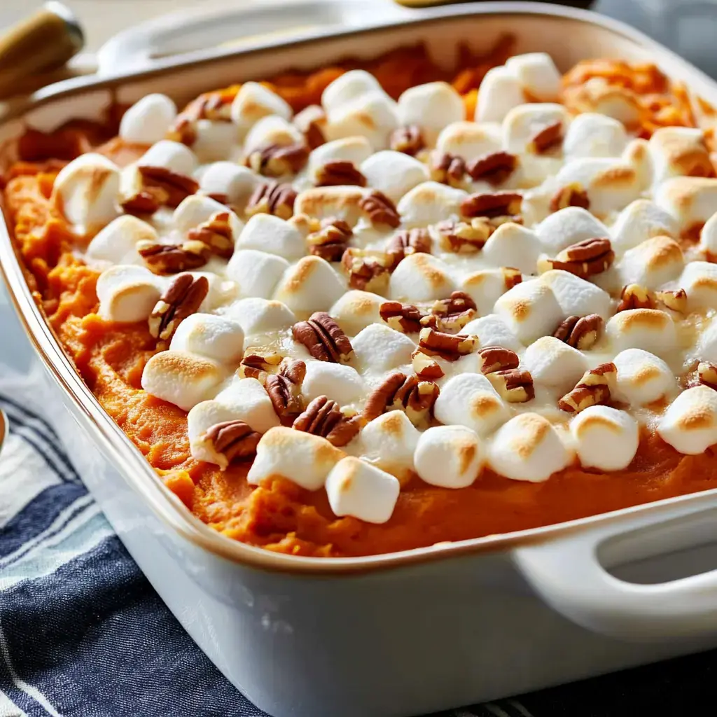 A baked sweet potato casserole topped with toasted marshmallows and chopped pecans in a white dish.