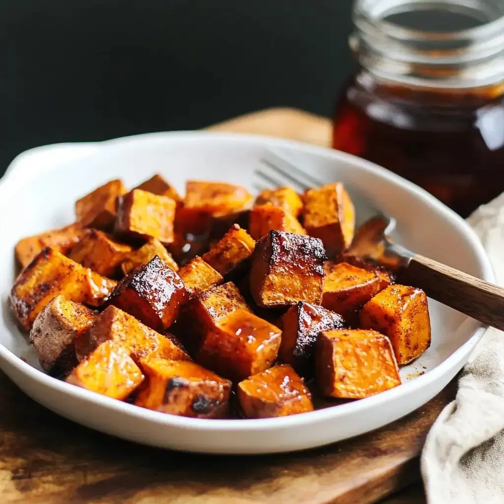 A white bowl filled with roasted, caramelized sweet potato cubes drizzled with syrup, accompanied by a fork and a jar of syrup in the background.