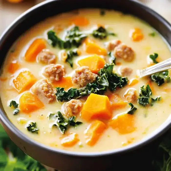 A bowl of creamy soup containing chunks of butternut squash, kale, and sausage.