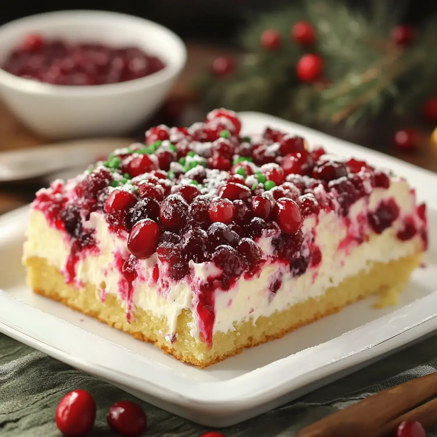 A rectangular layer cake topped with a vibrant cranberry layer and green decorations, served on a white plate with a small bowl of cranberry sauce in the background.