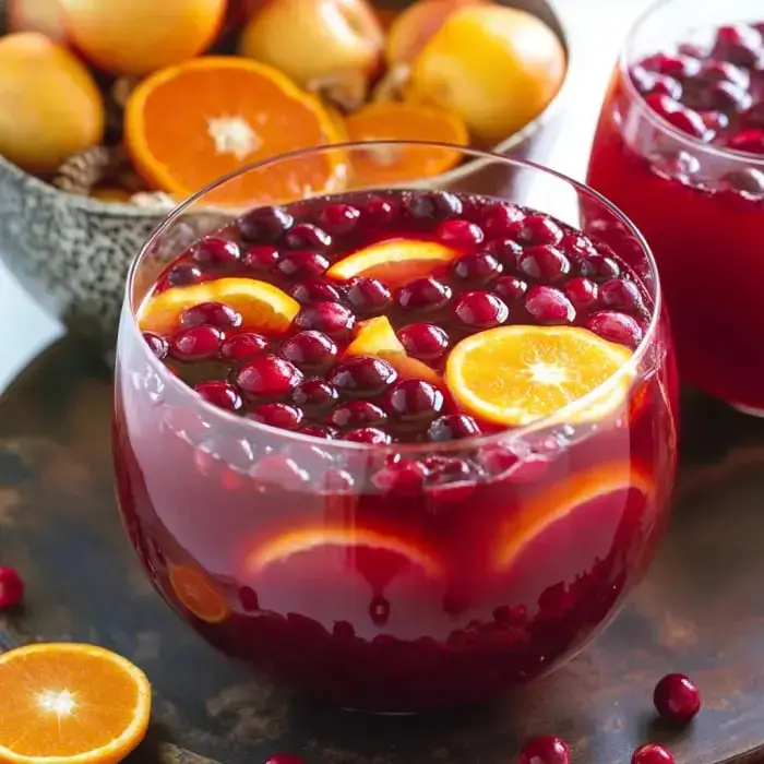 A large glass bowl filled with cranberry punch, garnished with orange slices, sits on a wooden tray beside a bowl of fresh oranges and pears.