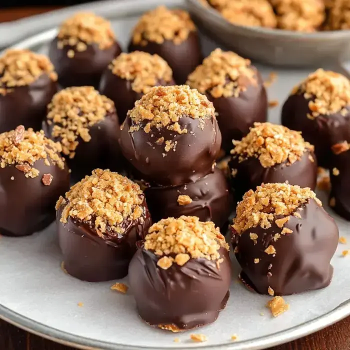 A plate of chocolate-covered truffles topped with crushed cookie crumbs.