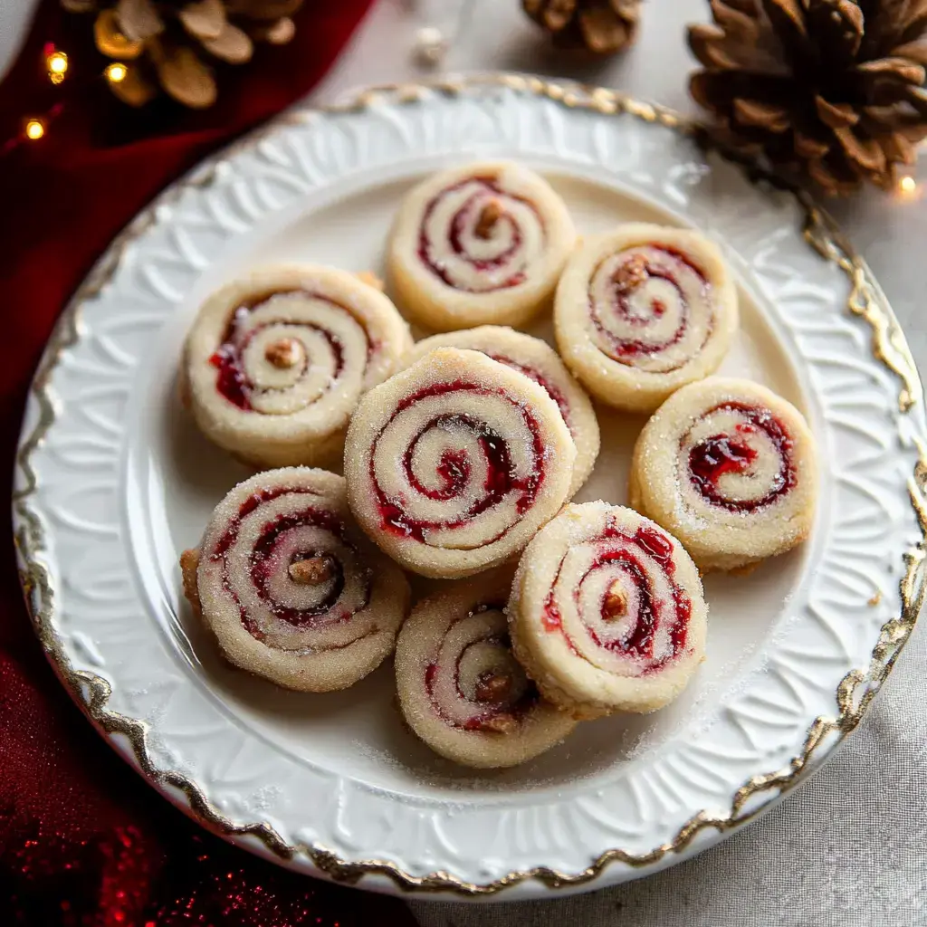 A white plate holds spiral-shaped cookies with a red filling, surrounded by pinecones and festive decorations.