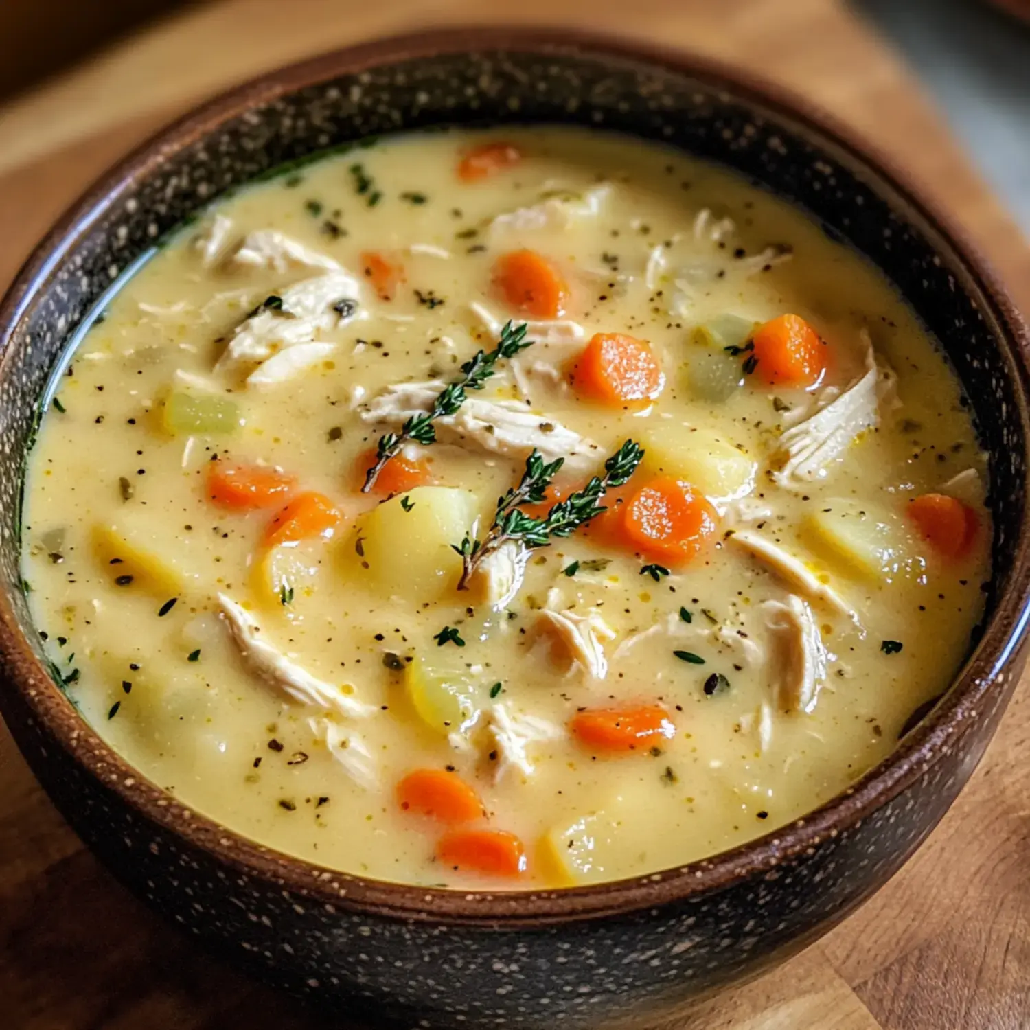 A warm bowl of chicken soup filled with carrots, potatoes, and herbs, topped with sprigs of thyme.