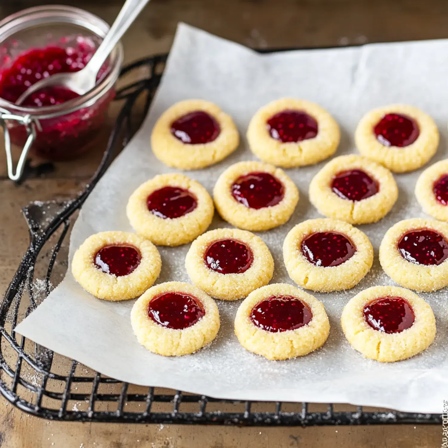 A tray of round cookies topped with red jam, placed on parchment paper, with a jar of jam beside them.