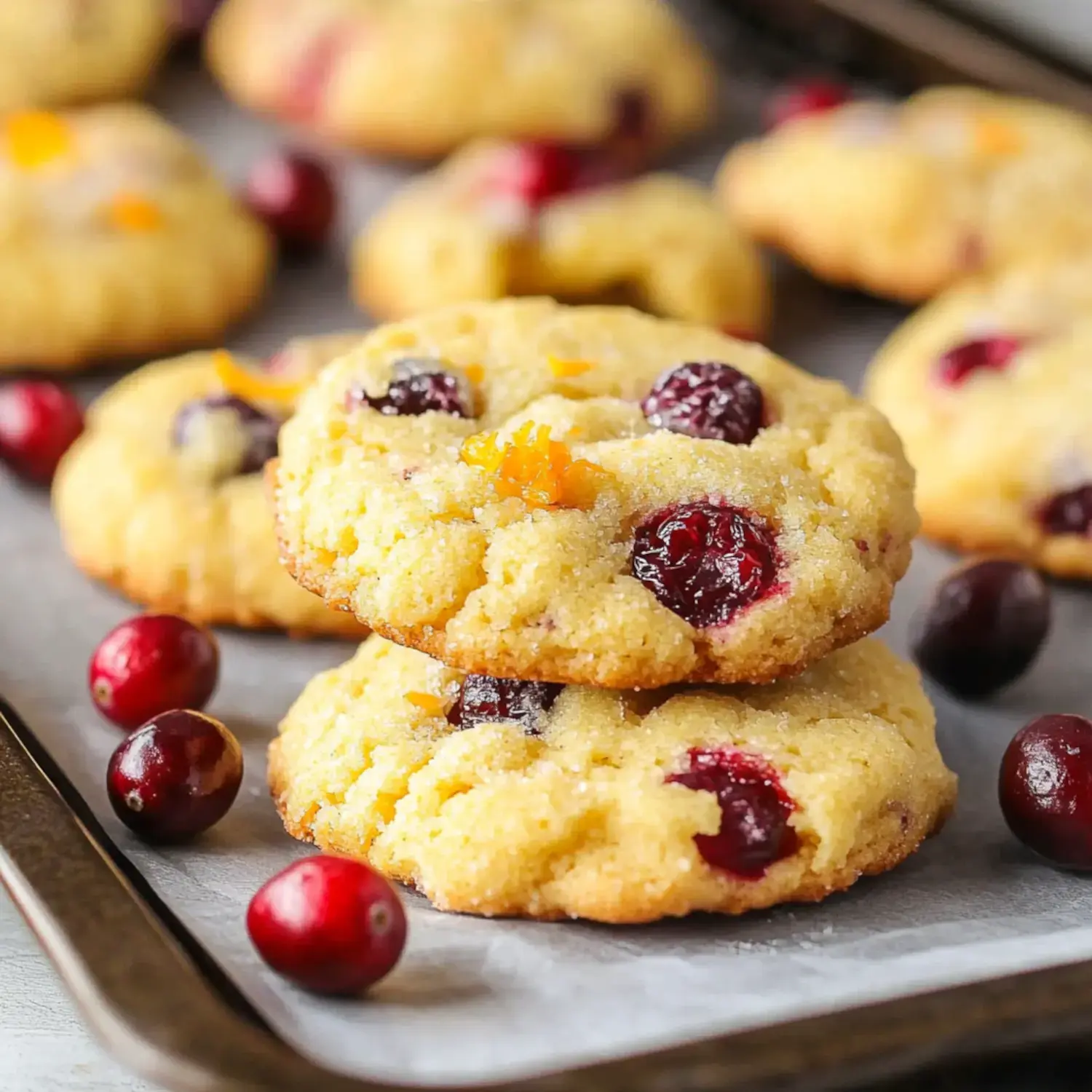 A close-up of freshly baked cookies topped with cranberries and orange zest, arranged on a baking tray with scattered cranberries around them.