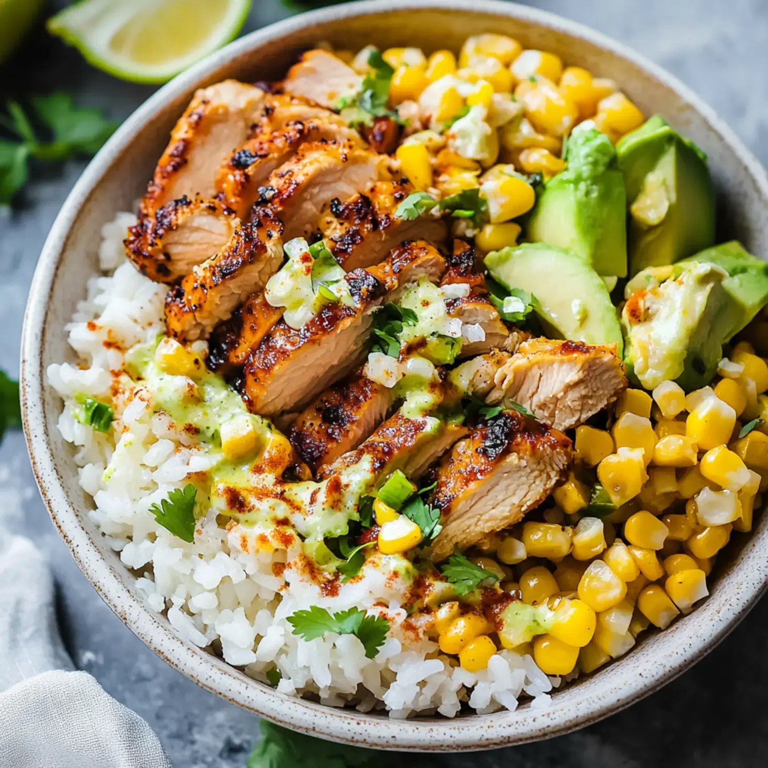 A bowl filled with white rice, grilled chicken slices, corn, avocado, and topped with green sauce and herbs.