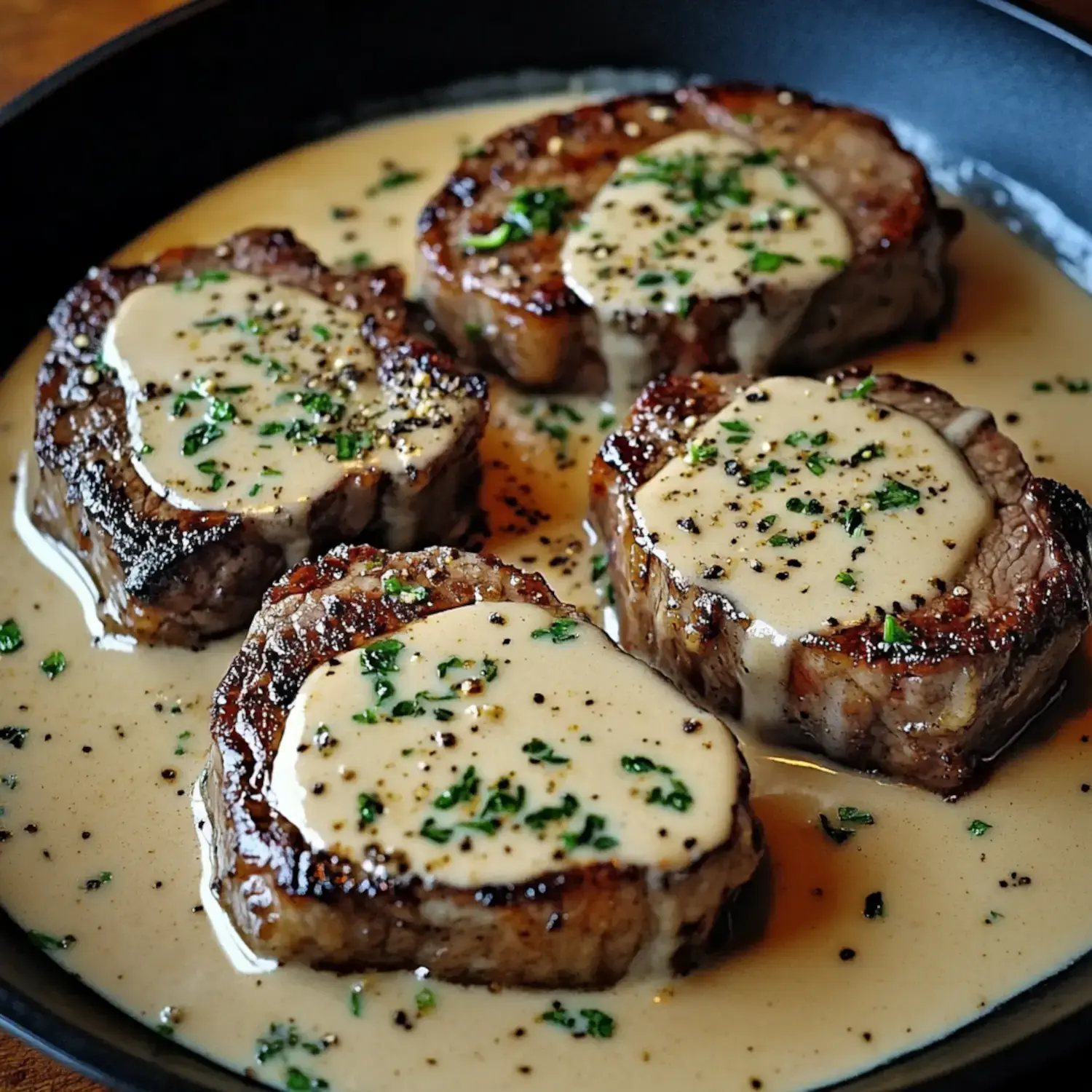 Four pieces of beef steak served in a creamy sauce, garnished with herbs and spices in a black skillet.